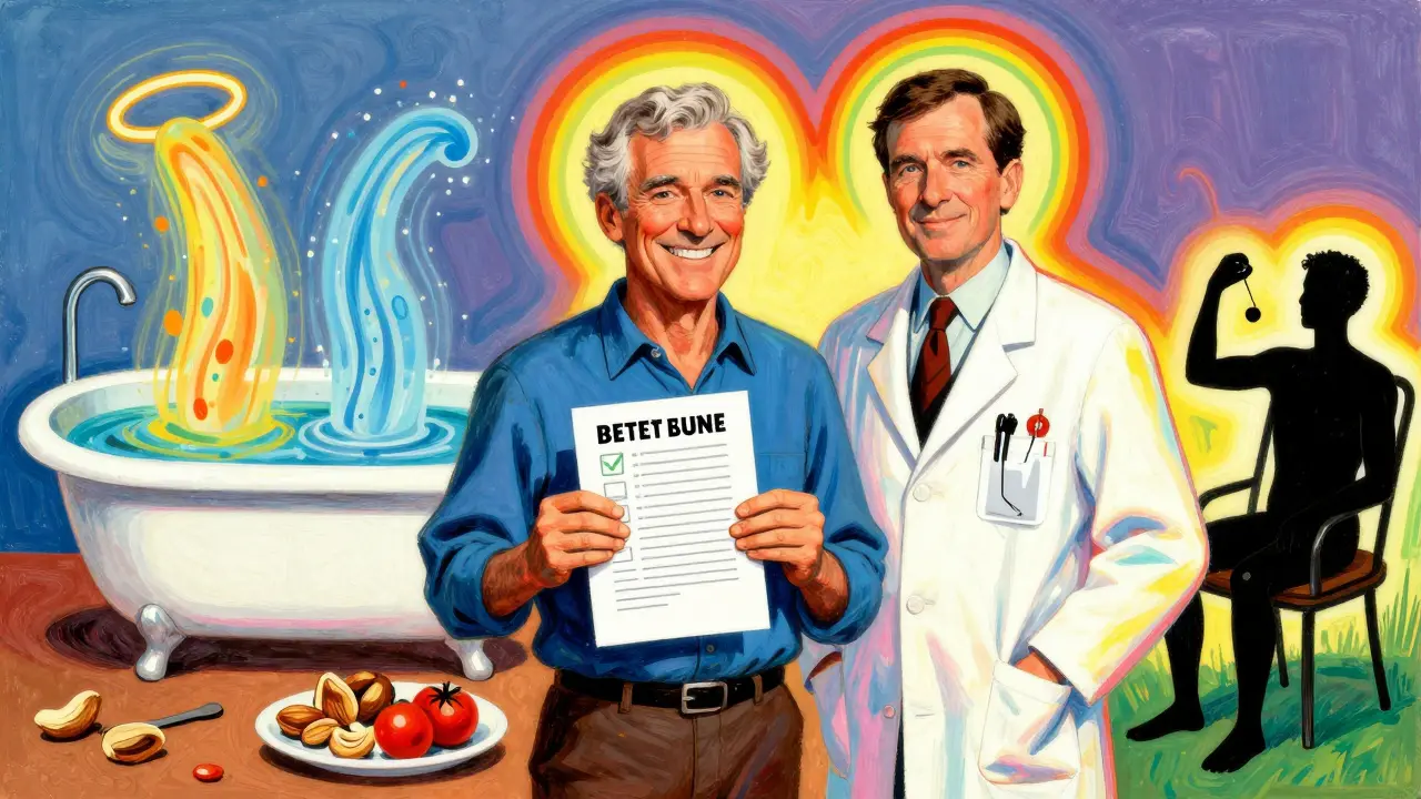 Мужчина 60 лет с медицинским листом, вокруг — ванна, еда и упражнения, символизирующие профилактику.