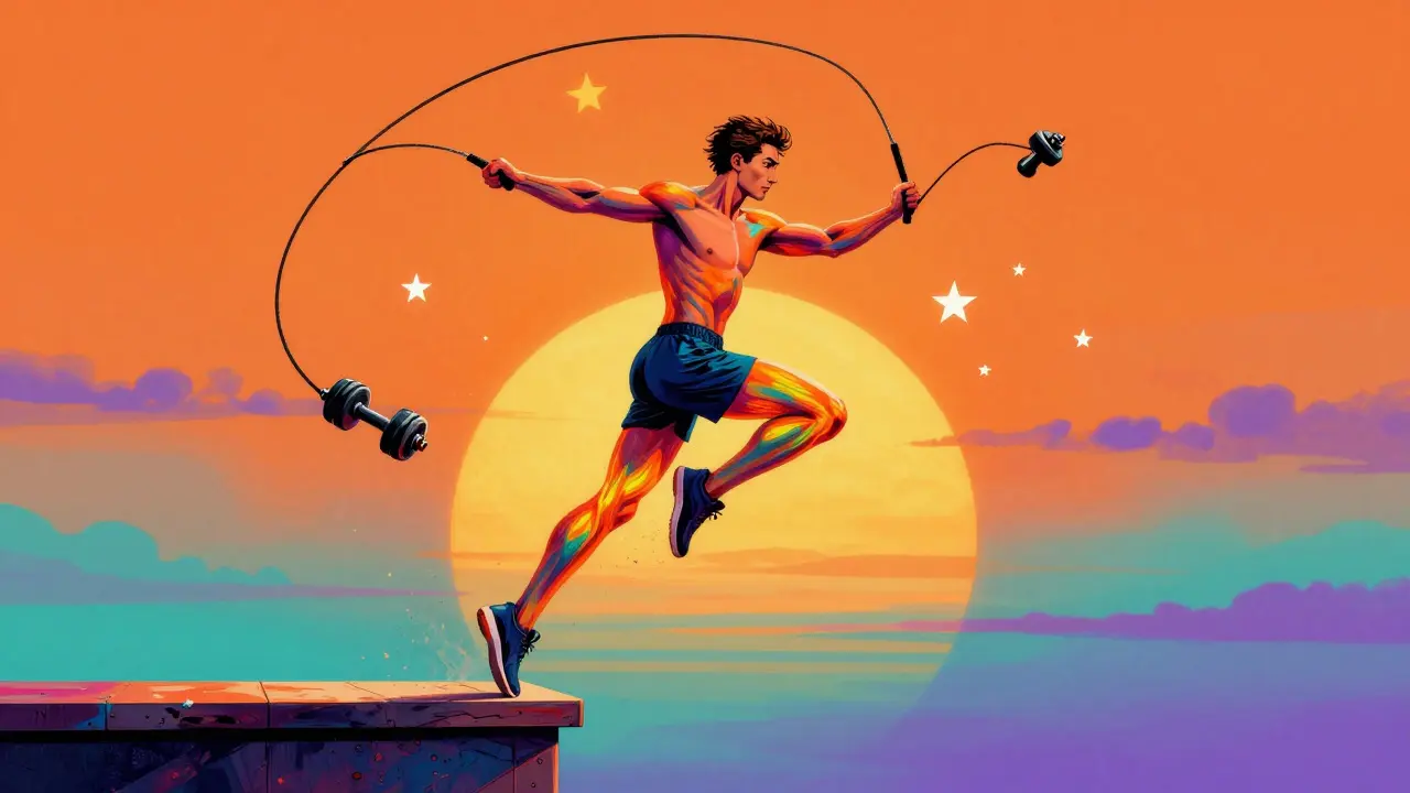 Мужчина прыгает вверх, икры и бедра ярко подсвечены, вокруг — скакалки, гантели и звезды на психоделическом фоне.