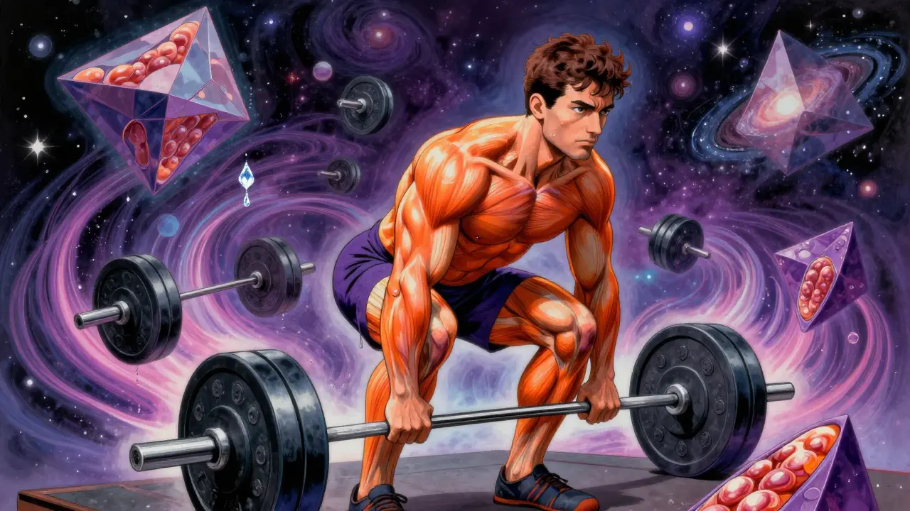 Мужчина выполняет румынскую тягу, мышцы задней поверхности бедра светятся, вокруг — геометрические формы и энергетические волны.