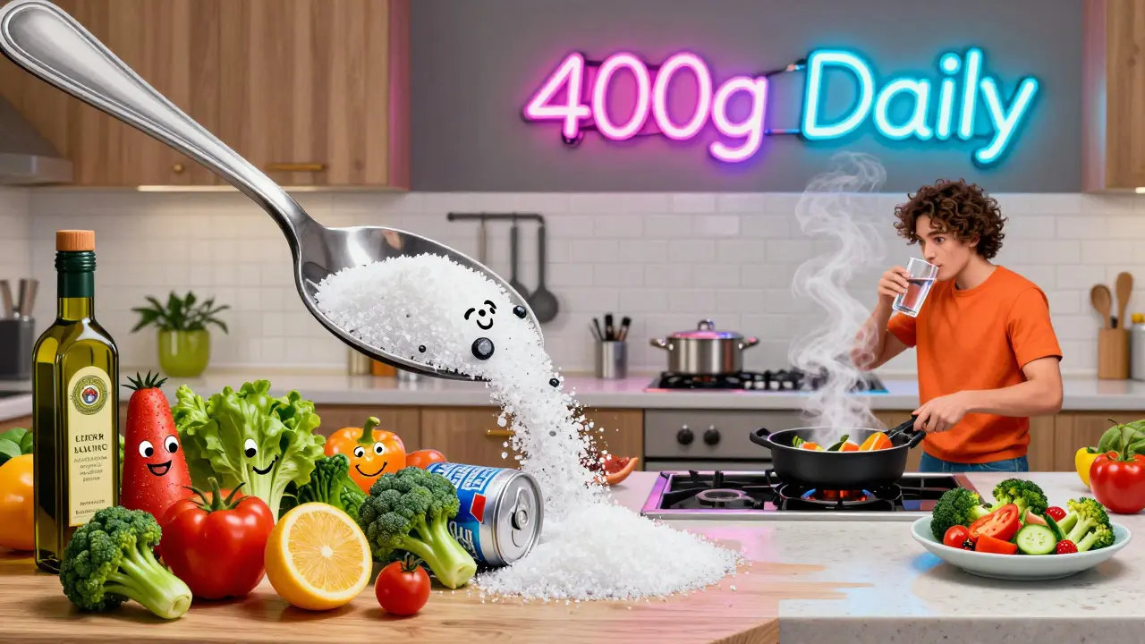 Овощи и оливковое масло вытесняют соль и сахар в яркой иллюстрации