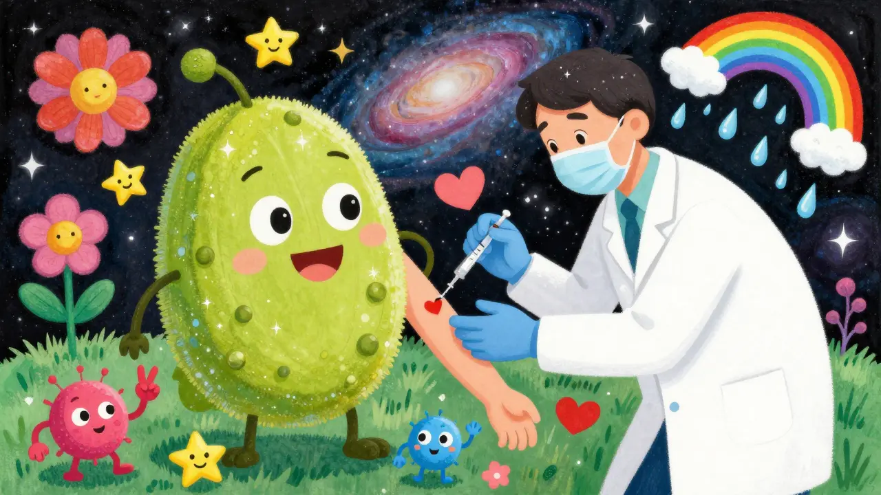 Пациент получает иммунотерапию, а пыльца превращается в дружелюбную звезду в стиле Питера Макса.