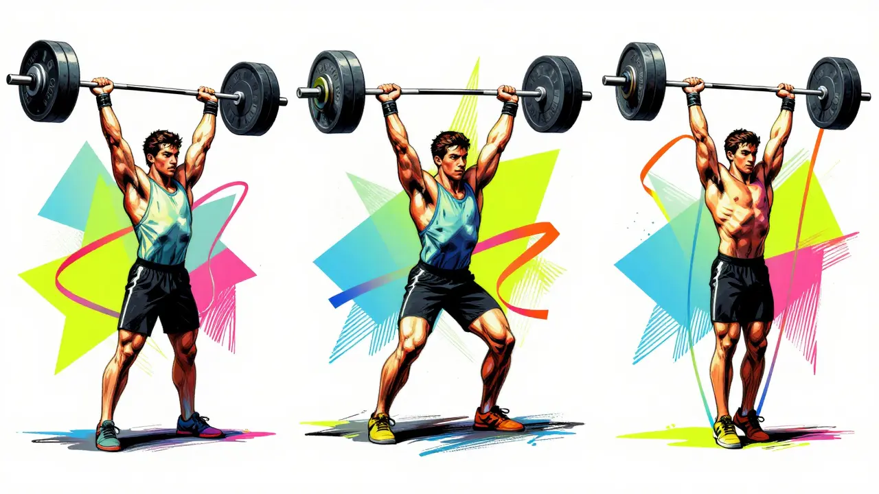Поп-арт композиция трех главных силовых упражнений в яркой гамме