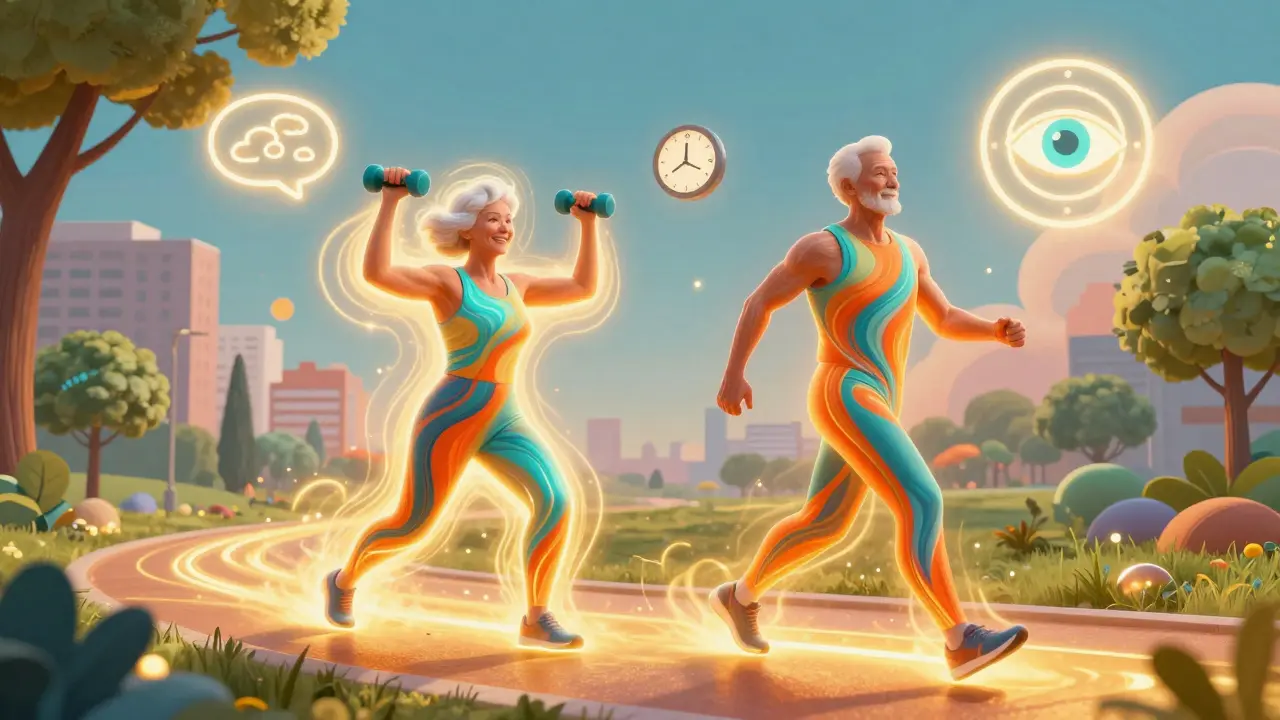 Пожилые люди тренируются в ярком парке, вокруг них — символы внимания, памяти и скорости мышления.