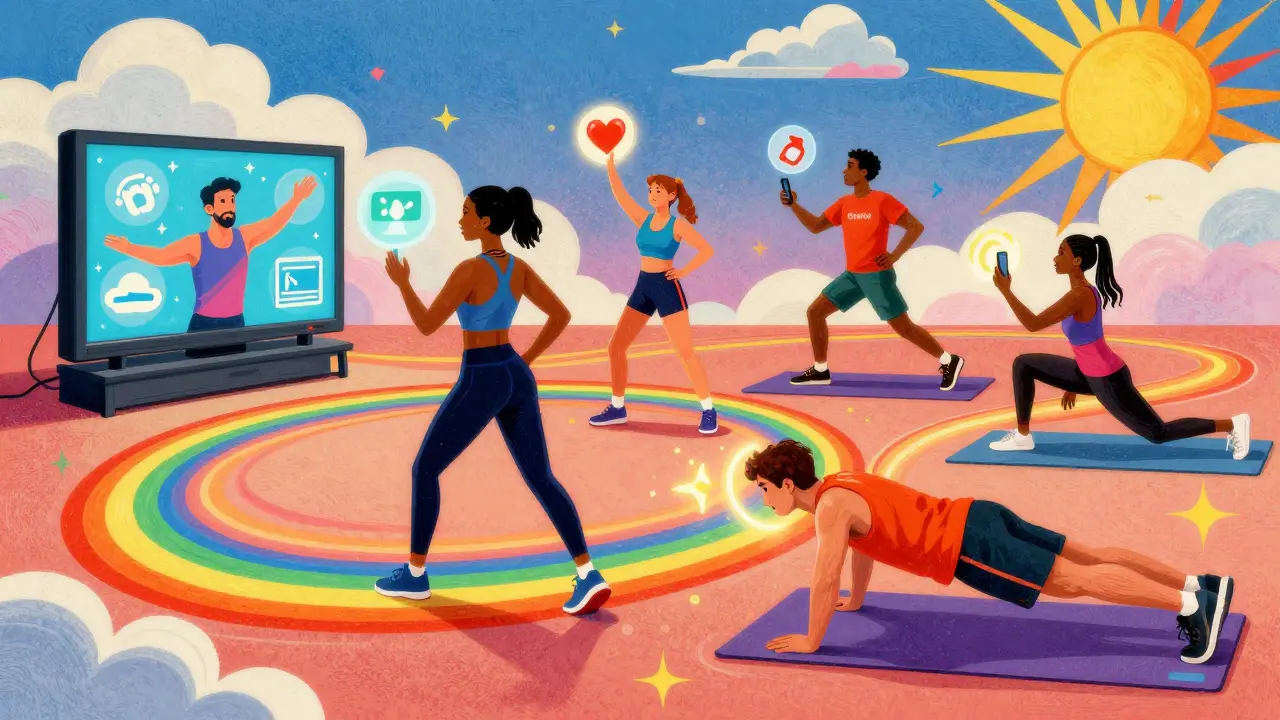 Разные люди тренируются с помощью приложений, соединённые радужными световыми путями в психоделической обстановке.