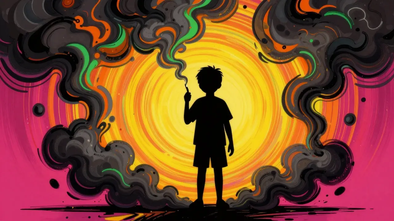 Ребенок в окружении табачного дыма в ярких тонах.