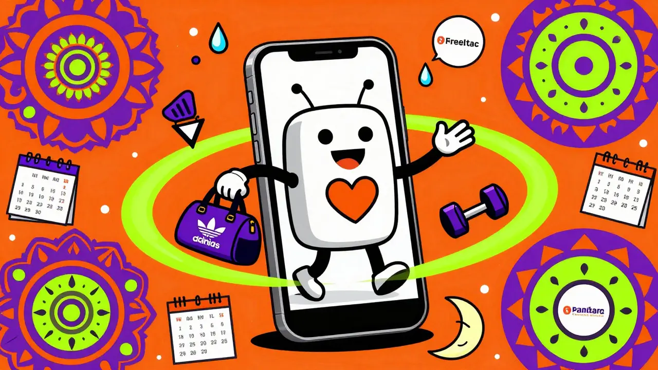 Смартфон превращается в дружелюбного робота-тренера, вокруг которого кружат логотипы фитнес-приложений.