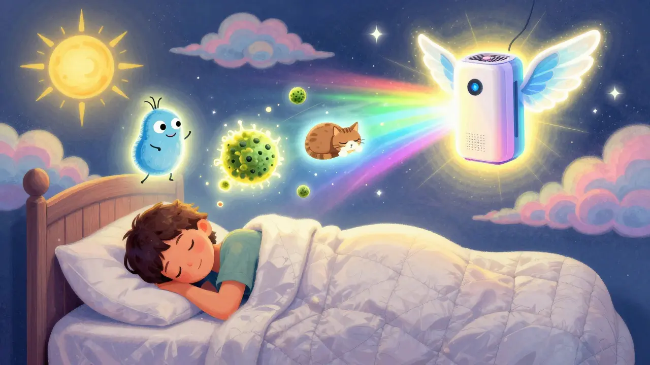 Спящий человек, над которым нейтрализуются аллергены с помощью воздушного фильтра в стиле Питера Макса.