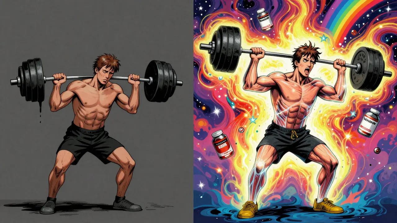 Сравнение до и после: уставший атлет слева, сильный и сияющий — справа, с яркими энергетическими потоками в стиле Питера Макса.