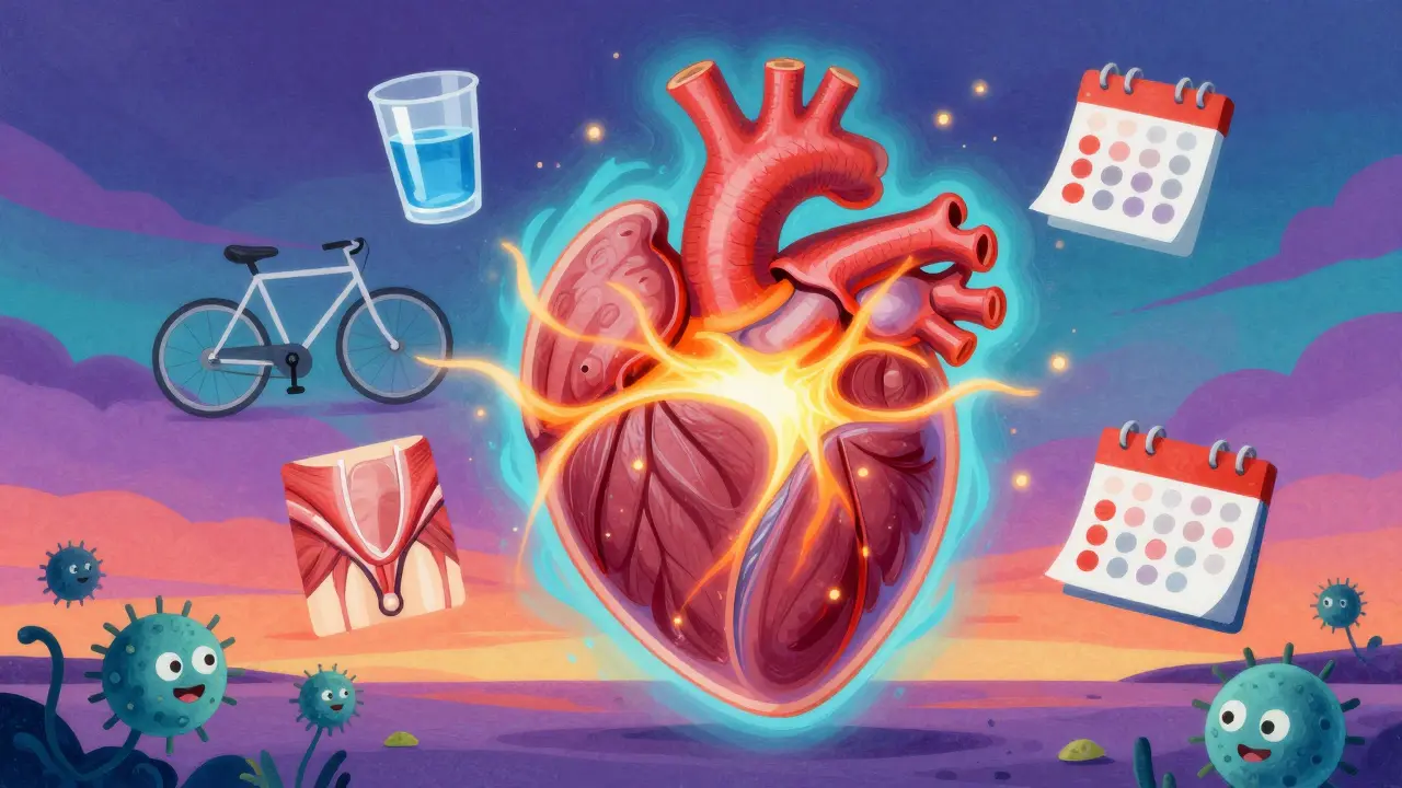 Стилизованное изображение простаты в виде светящегося сердца с символами питания, воды и упражнений.