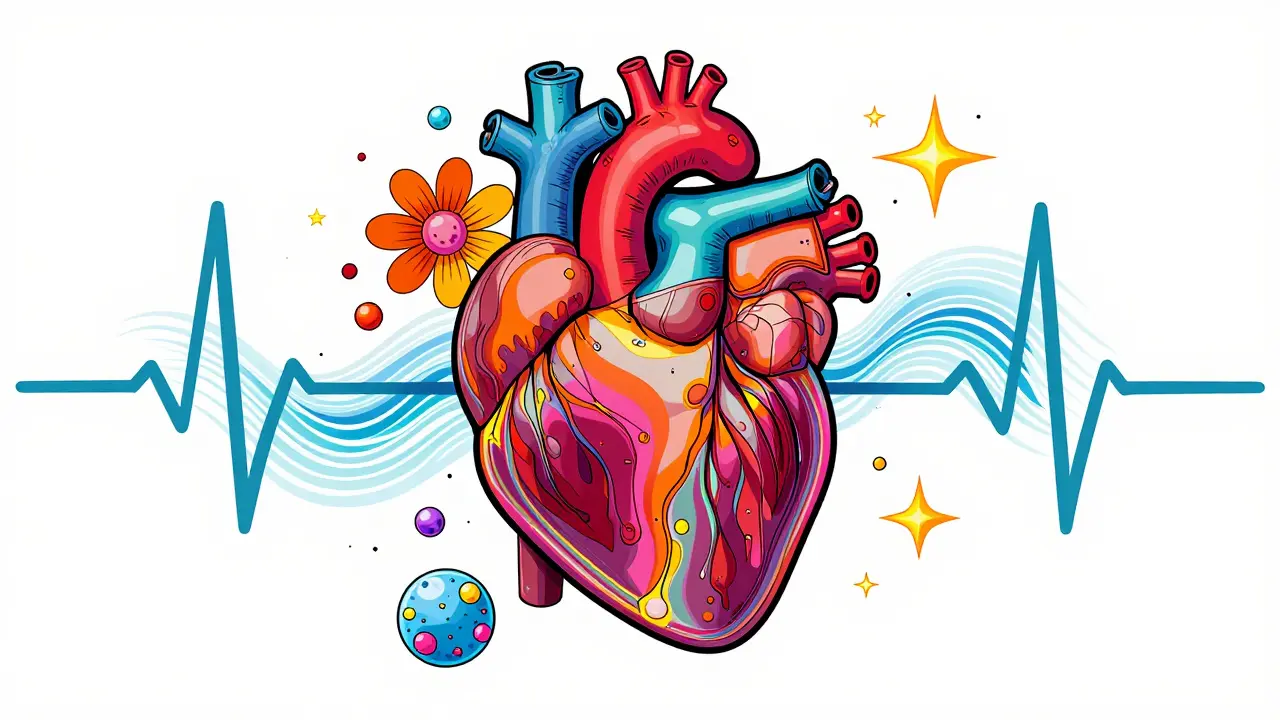 Стилизованное сердце среди цветных линий графика и абстрактных медицинских символов на ярком фоне.