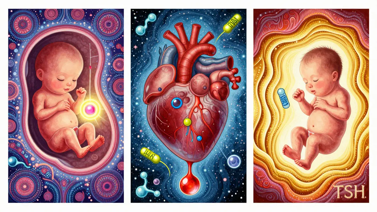 Три этапа беременности: развитие плода, плацента и рождение ребёнка, изображённые в стиле Питера Макса с иодными молекулами