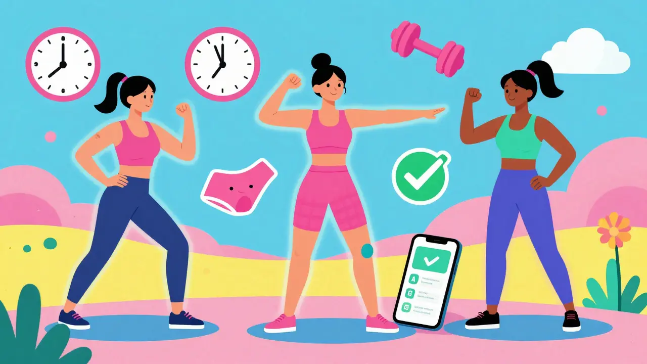 Три женщины в разных фазах тренировок с символами прогресса, цветами и цифрами в стиле Питера Макса.