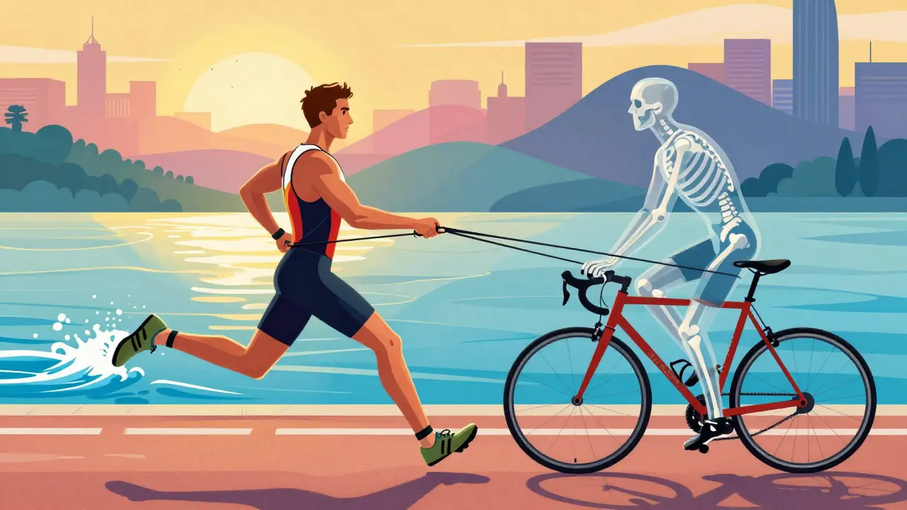 Триатлет с симметрично подсвеченными сторонами тела делает одностороннее упражнение на устойчивость.