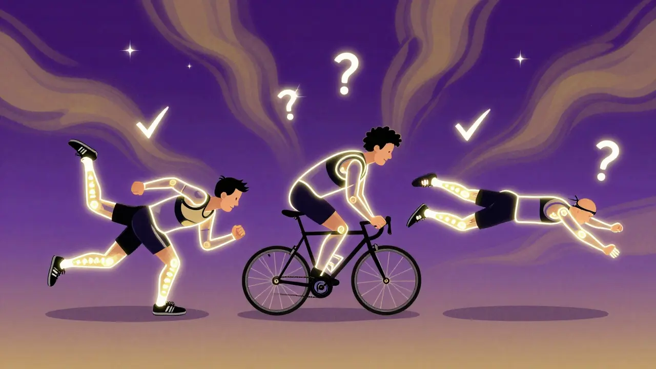 Трое спортсменов выполняют силовые упражнения, их тела соединены светящимися линиями стабильности.