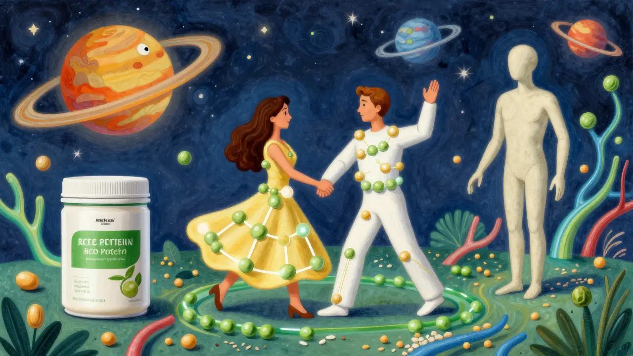 В стиле Питера Макс: гороховый и рисовый протеины объединяются в круг аминокислот, соевый — рядом, с зернами, символизирующими синергию и восстановление.