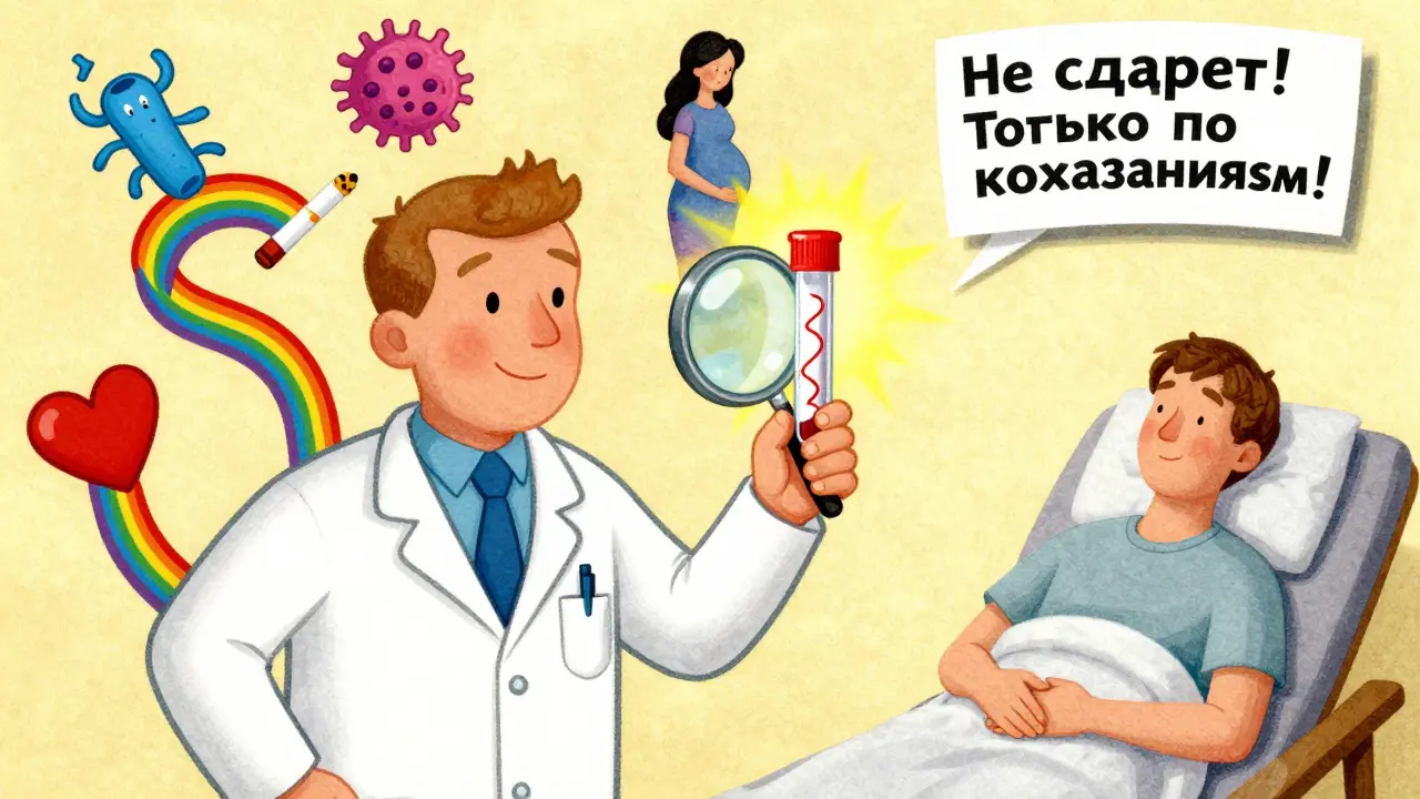 Врач с лупой смотрит на кровяной анализ, вокруг — символы кисты, опухоли, беременности и сигареты, человек спокоен, в стиле Петера Макса.