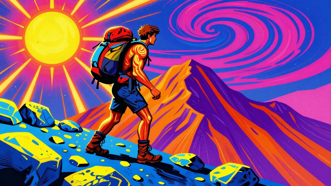 Альпинист поднимается по разноцветной горе в психоделическом стиле