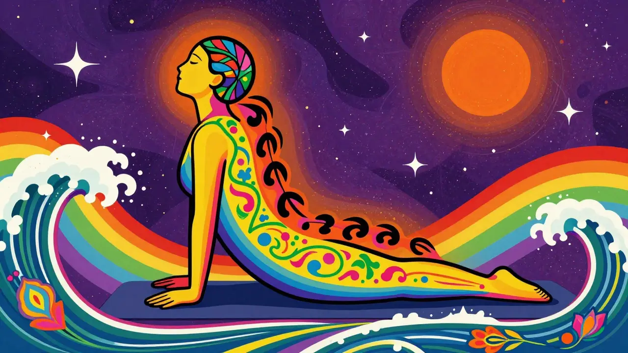Яркая иллюстрация человека в позе инь-йоги среди психоделических радужных волн