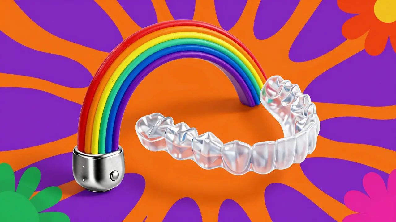 Яркие иллюстрации брекетов и элайнеров в психоделическом стиле