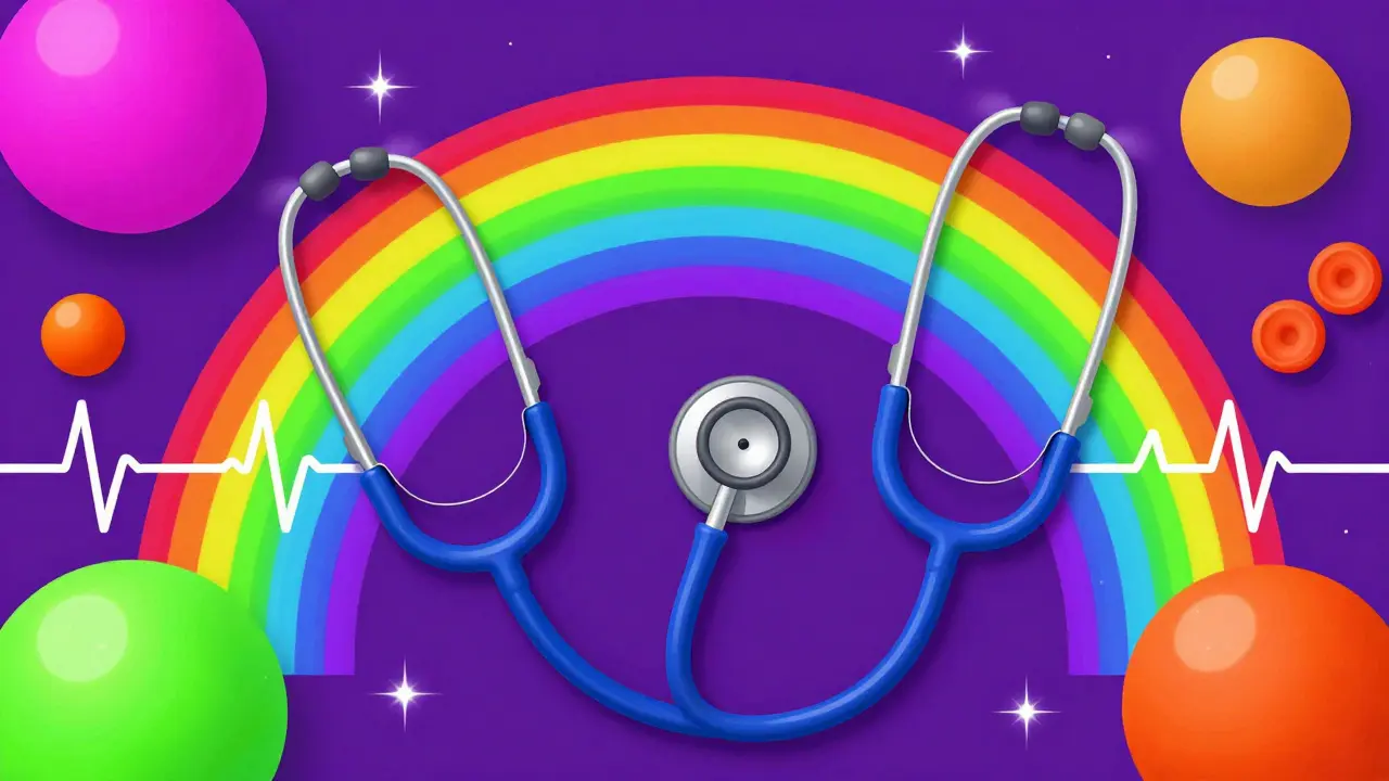 Яркие медицинские инструменты и символы анализов в психоделическом стиле