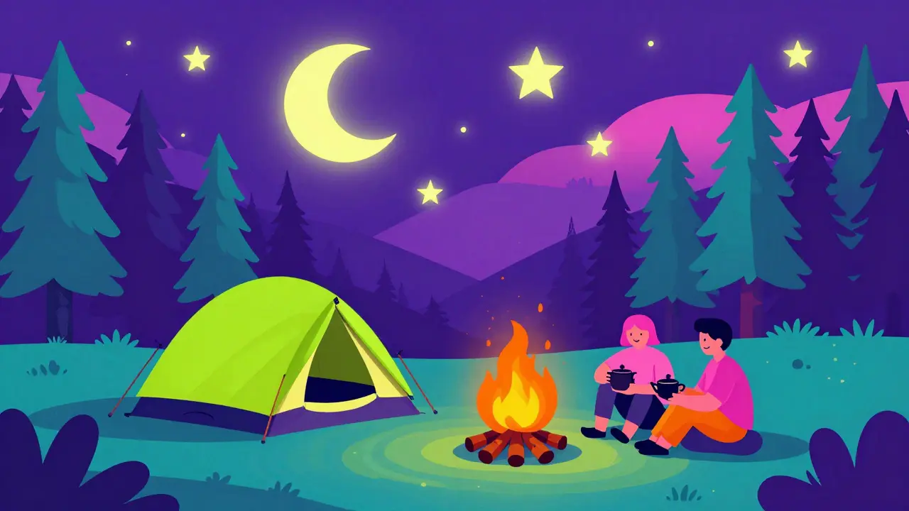 Яркий кемпинг с палаткой и костром в сюрреалистичном лесу