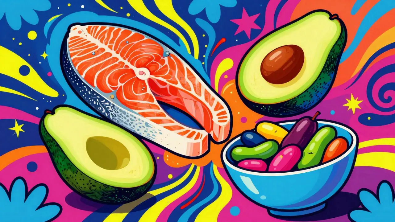 Яркий натюрморт из лосося, авокадо и бобовых в психоделическом стиле