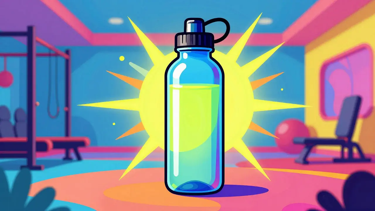 Яркий шейкер с неоновым напитком в сюрреалистичном спортивном зале в стиле поп-арт.