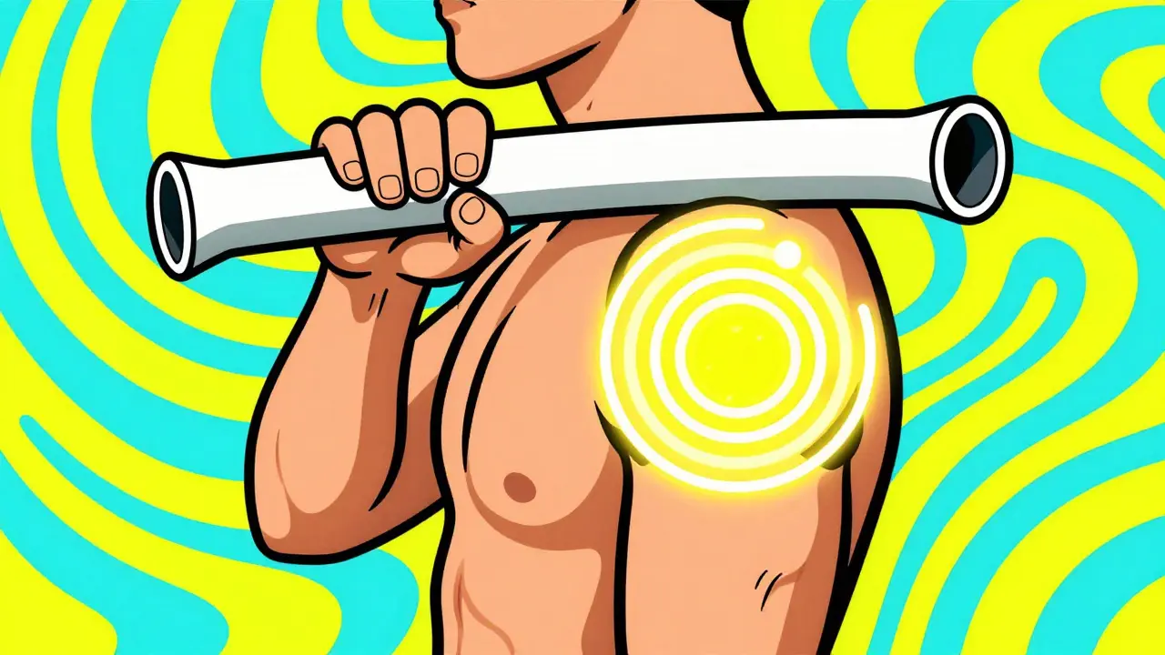 Человек делает разминку плеч с палкой в стиле поп-арт