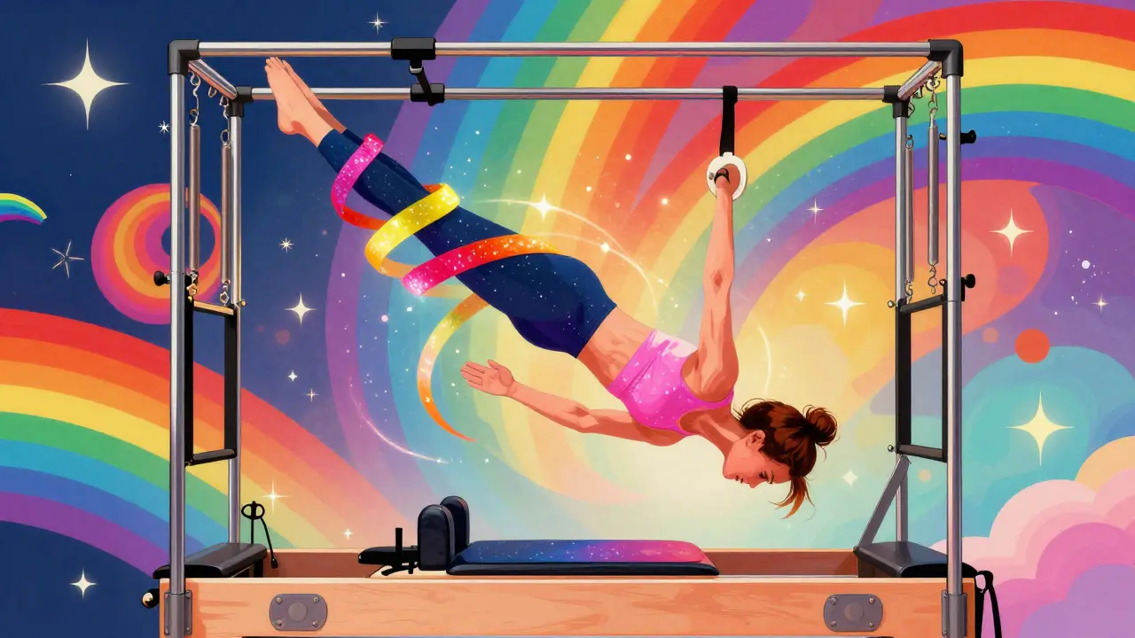 Человек на тренажере реформер в сюрреалистичном стиле с яркими космическими цветами.