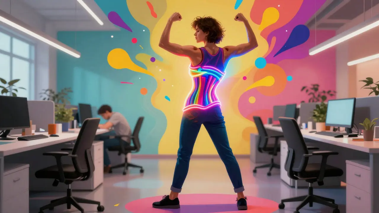 Человек с сияющим мышечным корсетом в ярком сюрреалистичном офисном интерьере