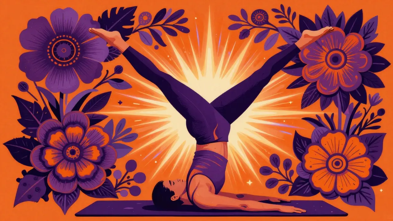 Человек в позе перевернутой V, символизирующий силу и баланс в психоделическом стиле