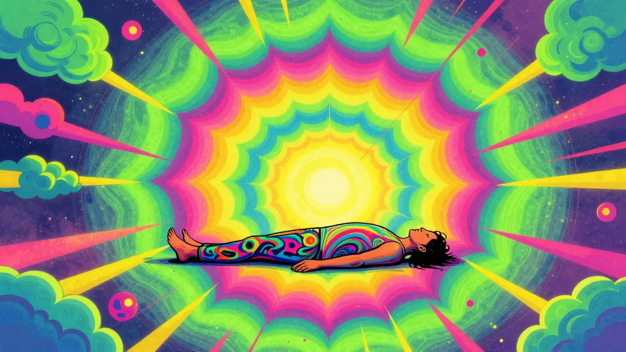 Человек в позе Шавасаны в окружении неоновых кругов и космических элементов