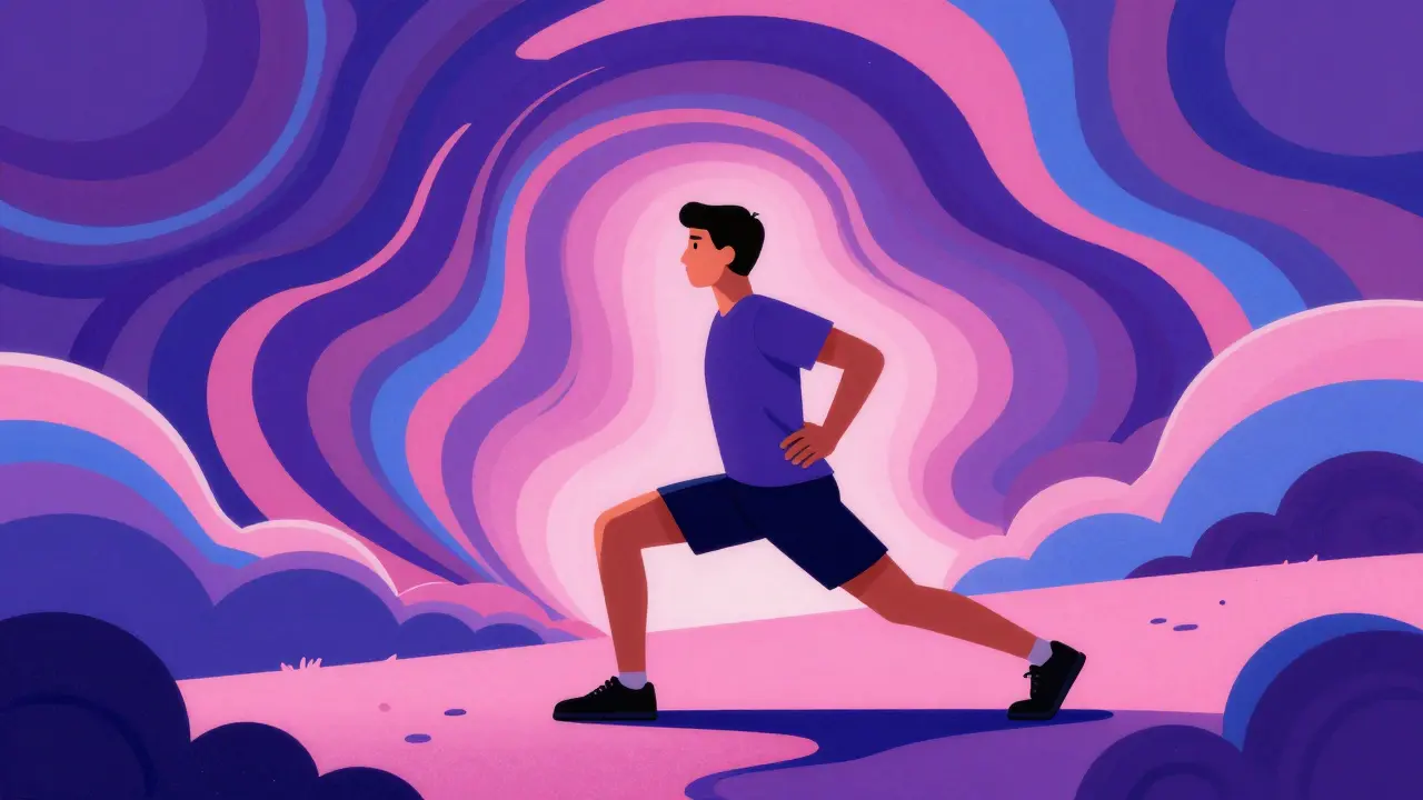 Человек выполняет динамический выпад на фоне разноцветных космических узоров