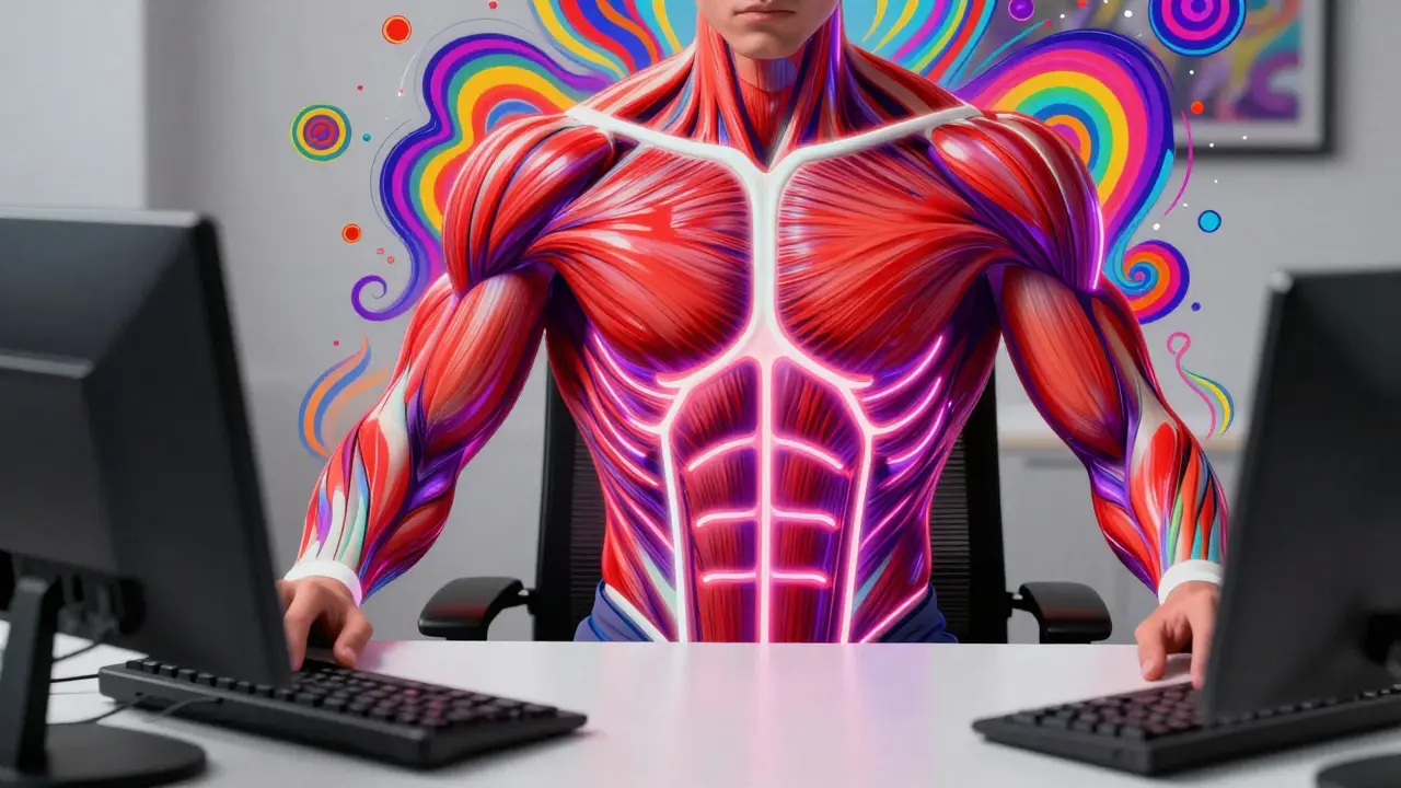 Человек за столом с подсвеченным ярким мышечным корсетом спины