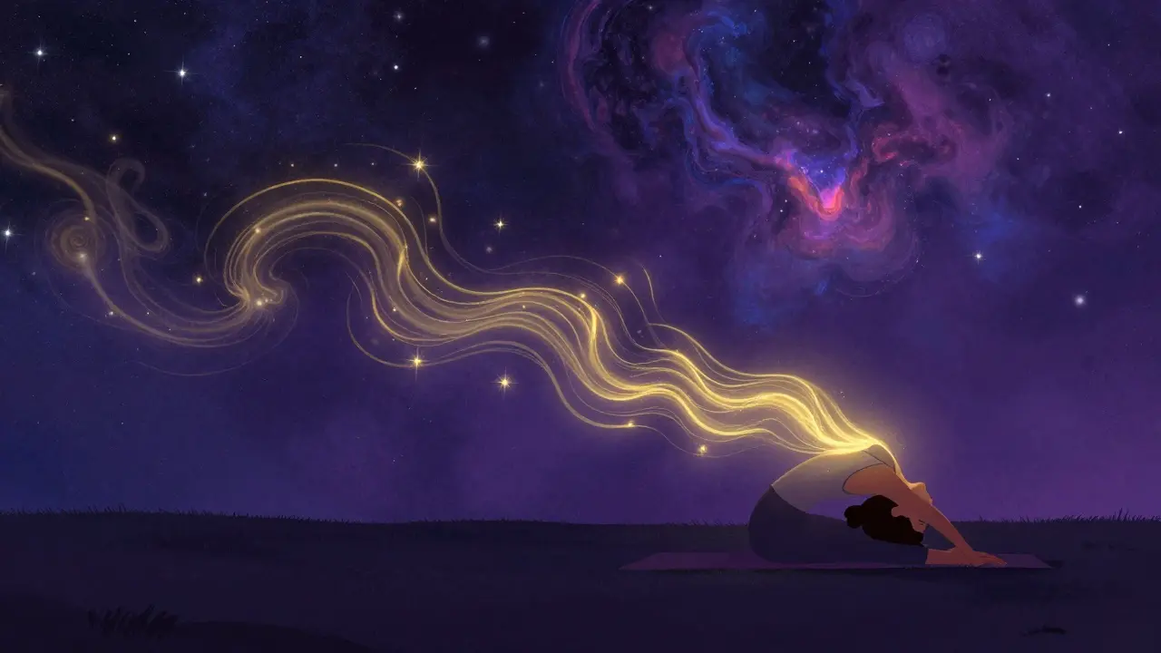 Человек занимается растяжкой вечером в космических тонах стиля Питера Макса