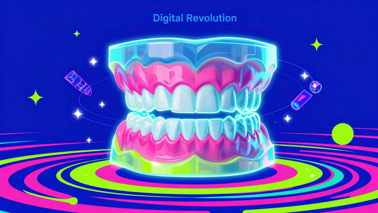 Цифровая 3D-модель зубов в окружении неоновых узоров и звезд