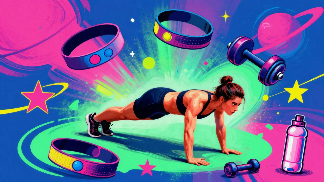 Иллюстрация человека в планке с фитнес-аксессуарами в психоделическом стиле