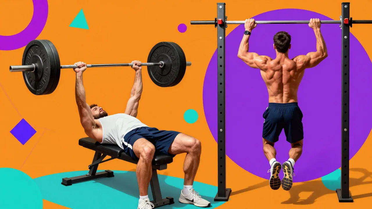 Иллюстрация тренировок груди, спины и рук в ярком стиле Питера Макса