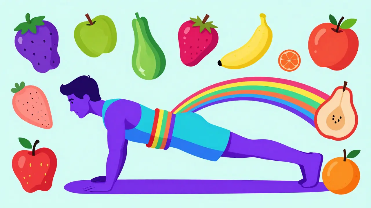 Концепт здорового образа жизни: планка и полезные продукты в стиле поп-арт