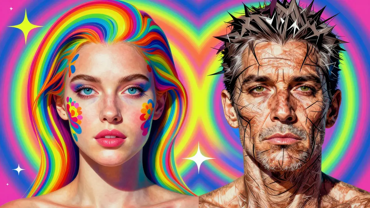 Концептуальный портрет, сравнивающий здоровую и поврежденную солнцем кожу.