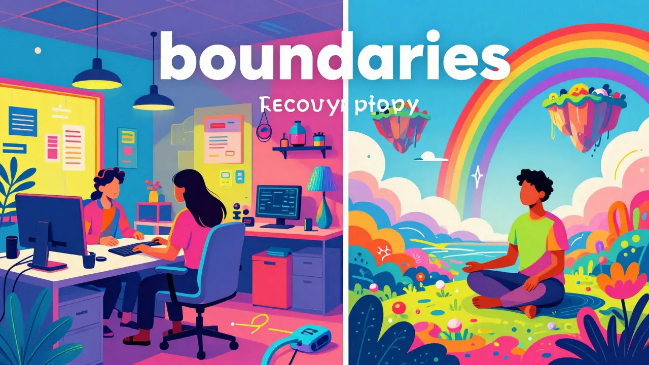 Контраст между хаосом офиса и спокойным пейзажем с радугами в стиле Питера Макса