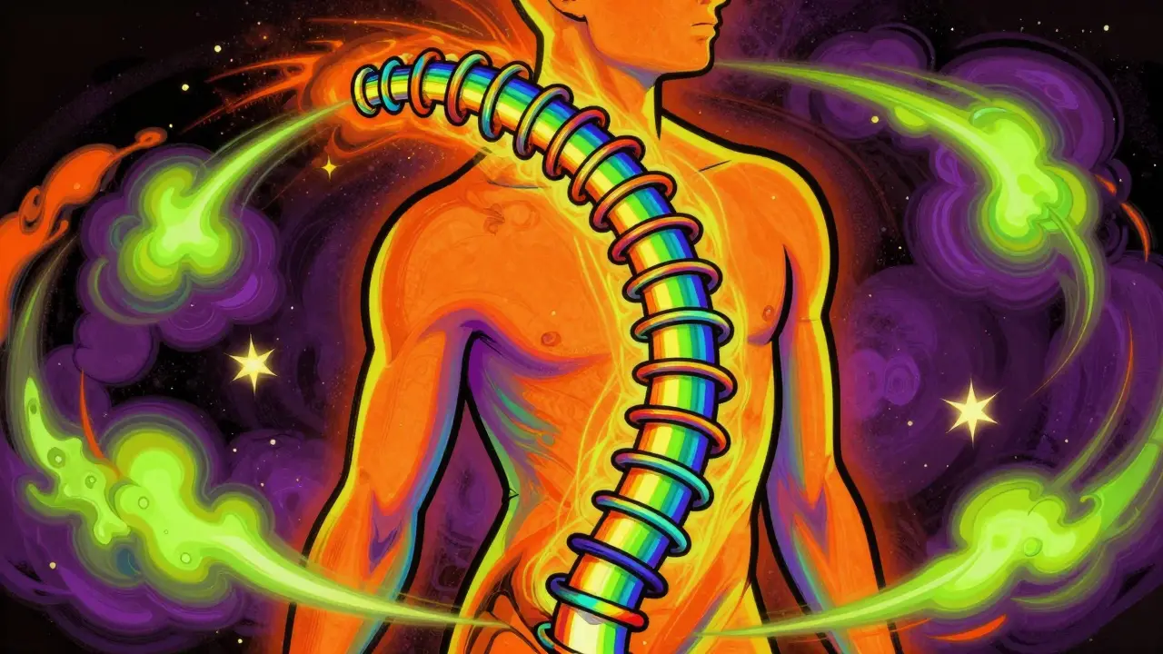 Психоделическое изображение S-образного изгиба позвоночника как разноцветной пружины
