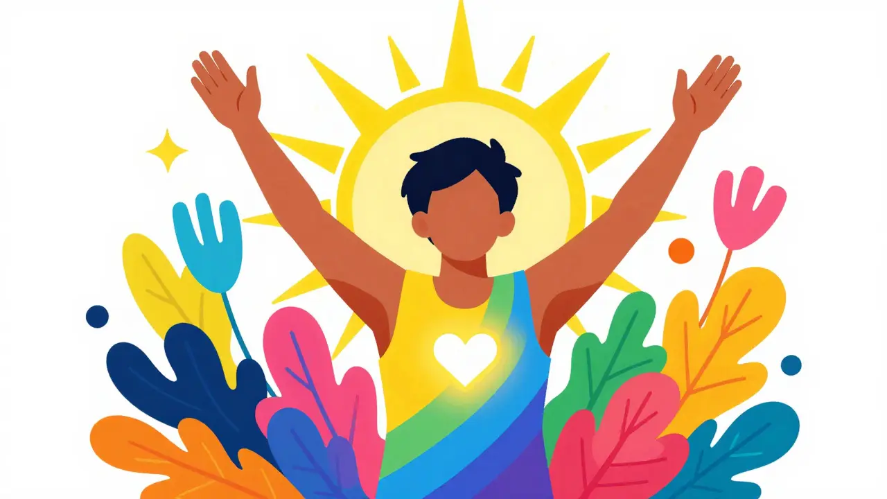 Счастливый человек в окружении радужных цветов и сияющего сердца