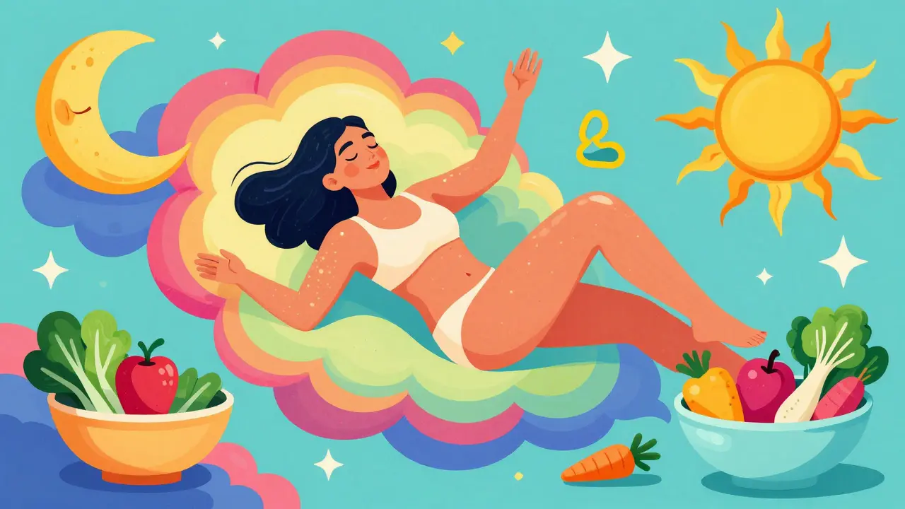 Счастливый человек в окружении символов сна и здоровой еды в стиле Питера Макса