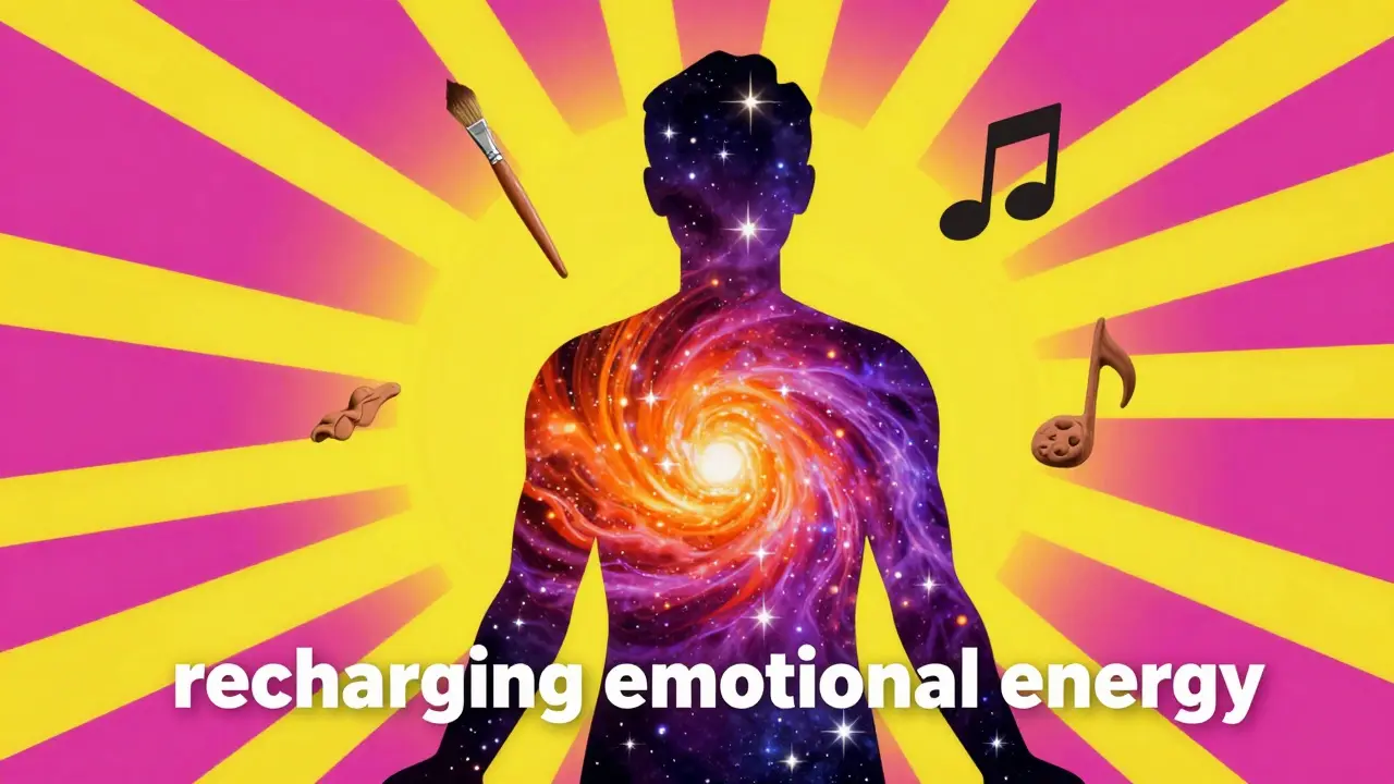 Силуэт человека, наполненный космическими звездами и символами хобби в стиле Питера Макса