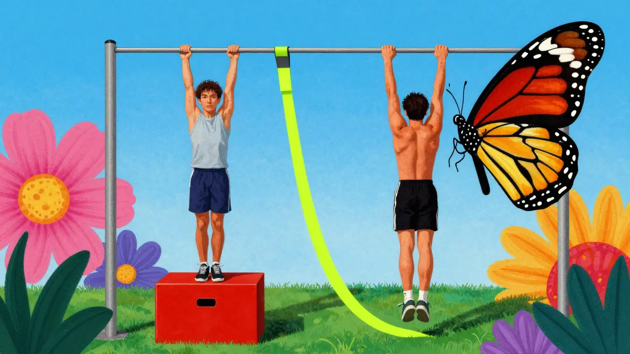 Спортсмен отрабатывает технику подтягиваний на коробке с резиной