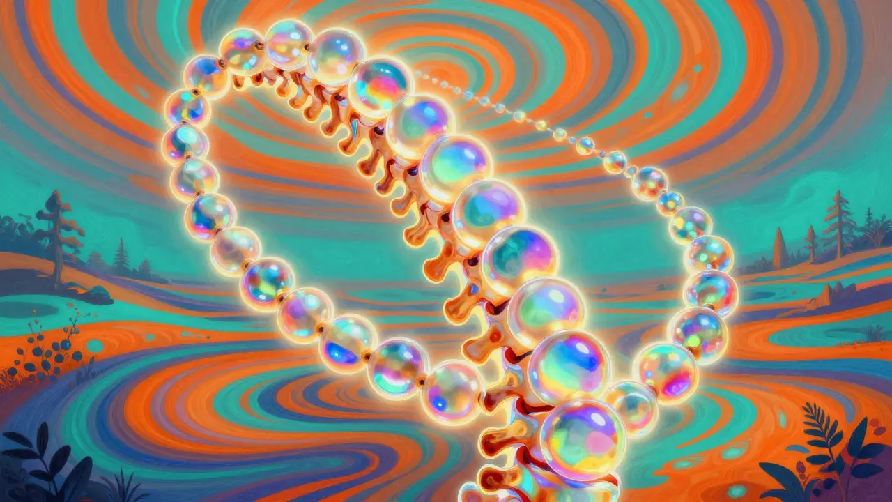 Стилизованное изображение позвоночника в виде разноцветного жемчужного ожерелья.