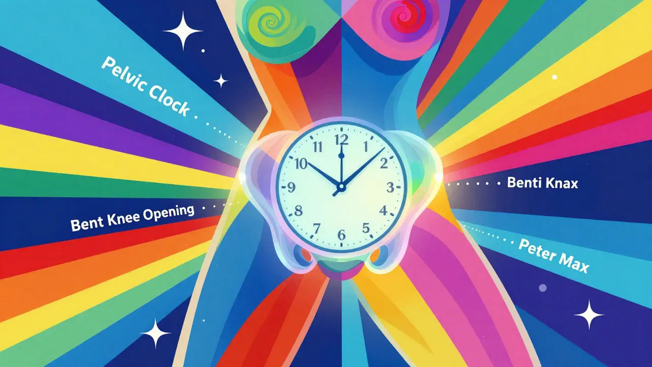 Стилизованное изображение упражнения «Тазовые часы» с яркими цветами и геометрическими формами