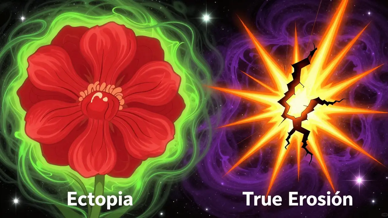 Стилизованное сравнение эктопии и истинной эрозии в виде цветов и искр