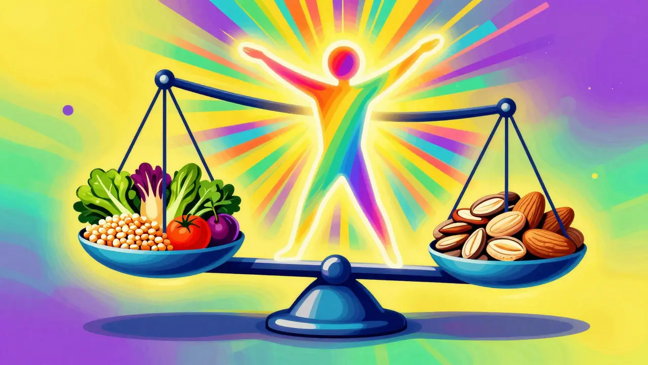 Стилизованные весы с полезными углеводами и жирами вокруг сияющего человека